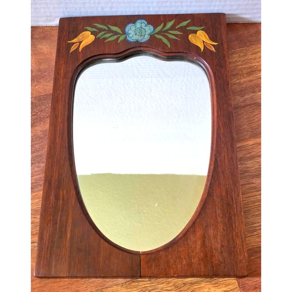 Hand Painted Wood Wall Mirror Floral Folk Art Cottage Decor 10.5"x7"